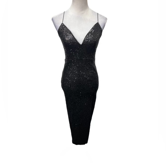 Celebrity Spaghetti Strap Black Sequins Midi Dress (NWT) Size: Large - Picture 1 of 7